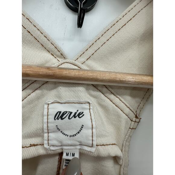 Aerie Womens Cream Denim Overalls Size M Wid Leg Boho Artsy Minimal Neutral - Picture 9 of 9